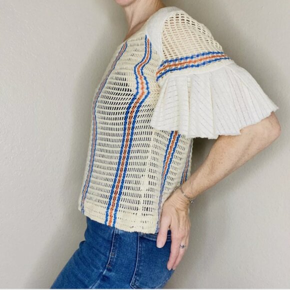 Free People Urban Outfitters Short Sleeve Knit Top LARGE Stripes Ruffled Sleeve - Picture 2 of 8